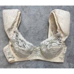 Vintage 80s Jezebel Built in Shoulder Pads Bra Size 34B Nude Lace Balconette